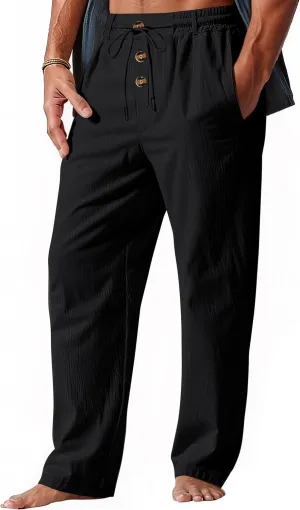 Mens Casual Linen Pants Loose Fit Elastic Drawstring Waist Straight-Legs Summer Yoga Beach Long Pants