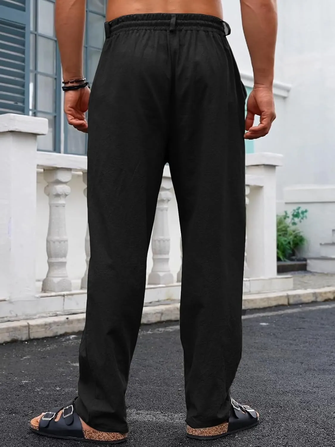 Mens Casual Linen Pants Loose Fit Elastic Drawstring Waist Straight-Legs Summer Yoga Beach Long Pants