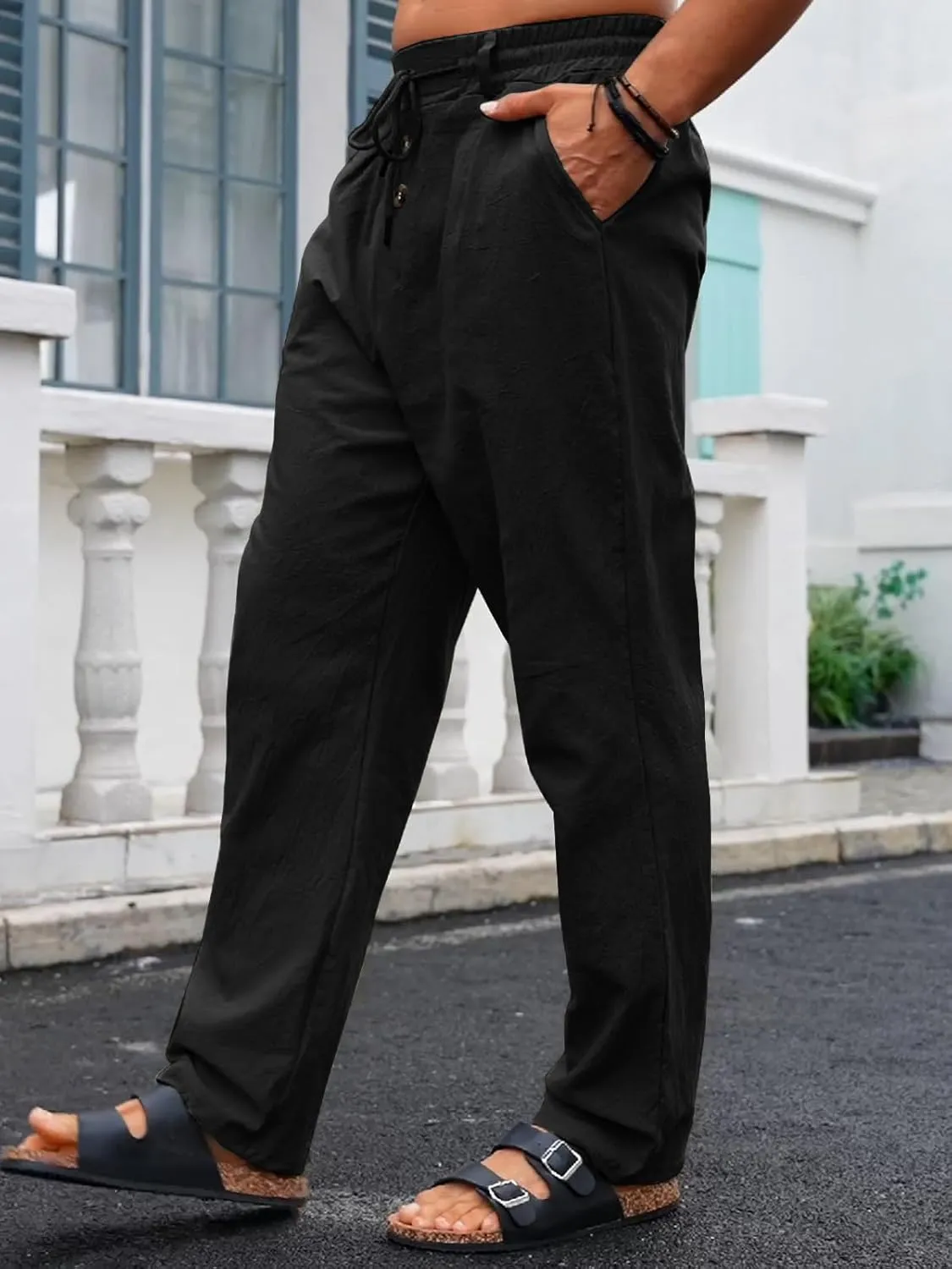 Mens Casual Linen Pants Loose Fit Elastic Drawstring Waist Straight-Legs Summer Yoga Beach Long Pants