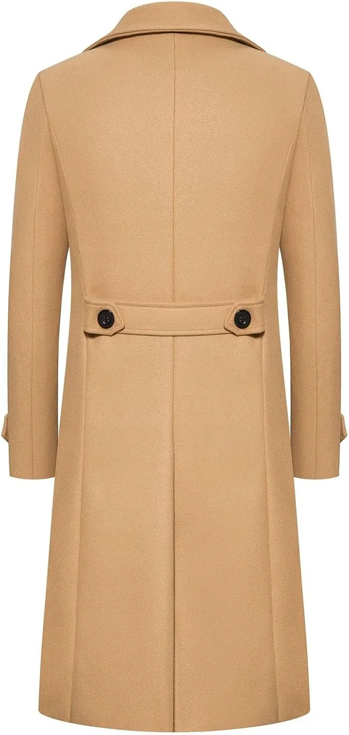 Men's Casual Slim Fit Long Jacket Trench Wool Blend Winter Overcoat with Pockets