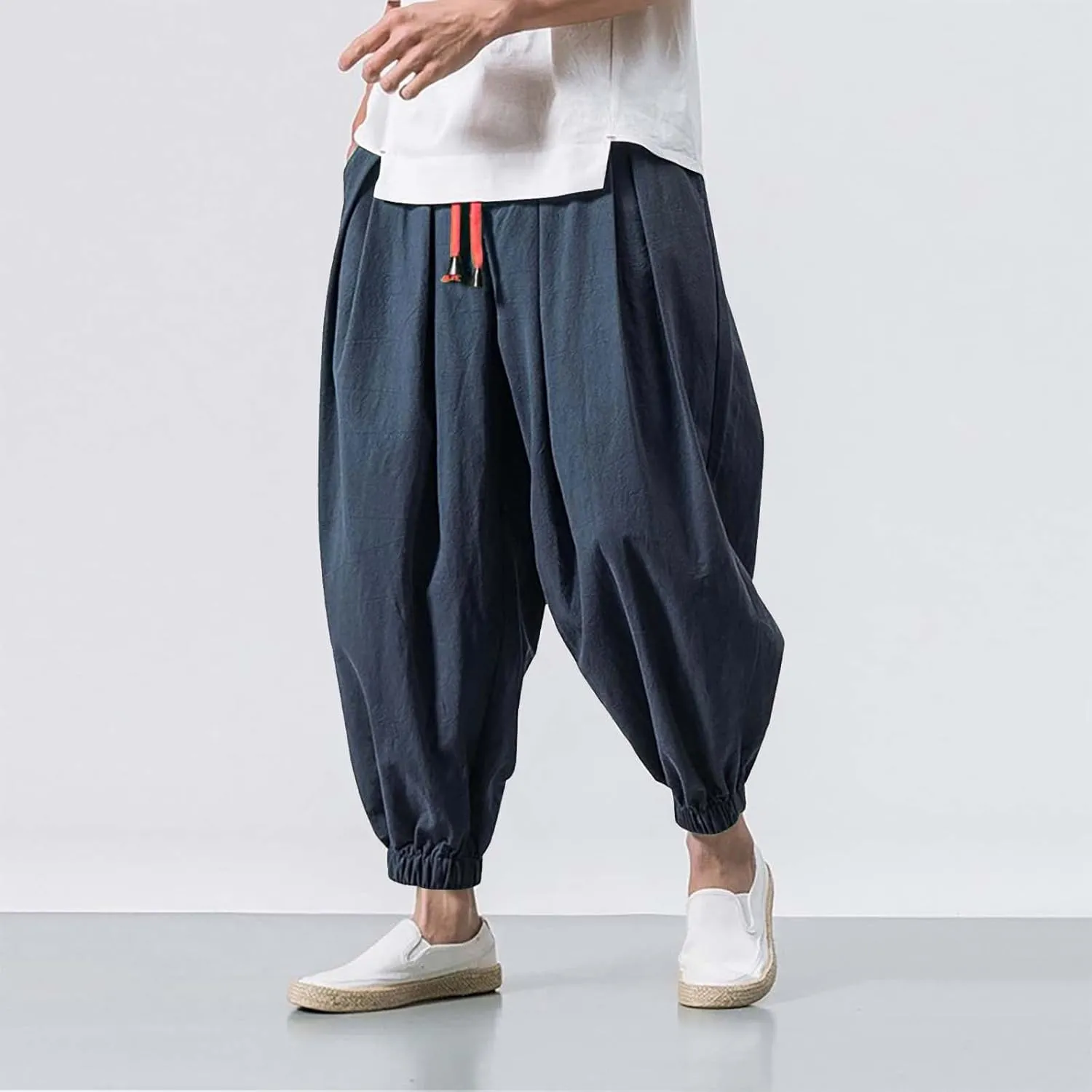 Men's Cotton Linen Harem Pants Loose Stretchy Waist Casual Hippie Trousers Lightweight Loose Beach Yoga Pants