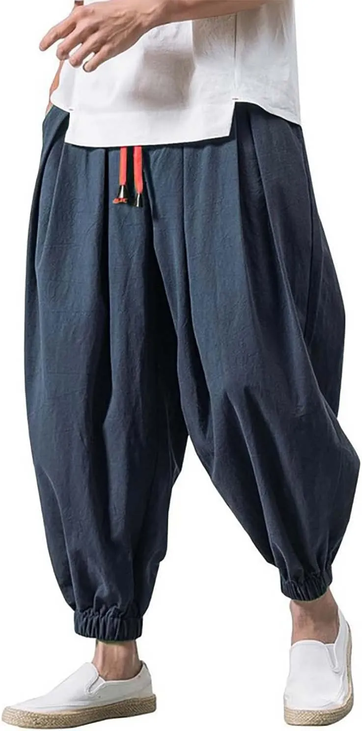 Men's Cotton Linen Harem Pants Loose Stretchy Waist Casual Hippie Trousers Lightweight Loose Beach Yoga Pants