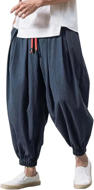 Men's Cotton Linen Harem Pants Loose Stretchy Waist Casual Hippie Trousers Lightweight Loose Beach Yoga Pants
