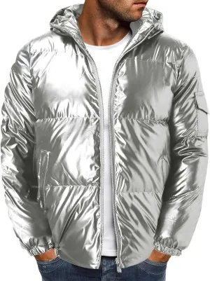 Men's Down Jackets & Coats Puffer Solid Coat Shiny Reflective Cotton Padded Hooded Trendy Plus Size Bubble Jacket for Men