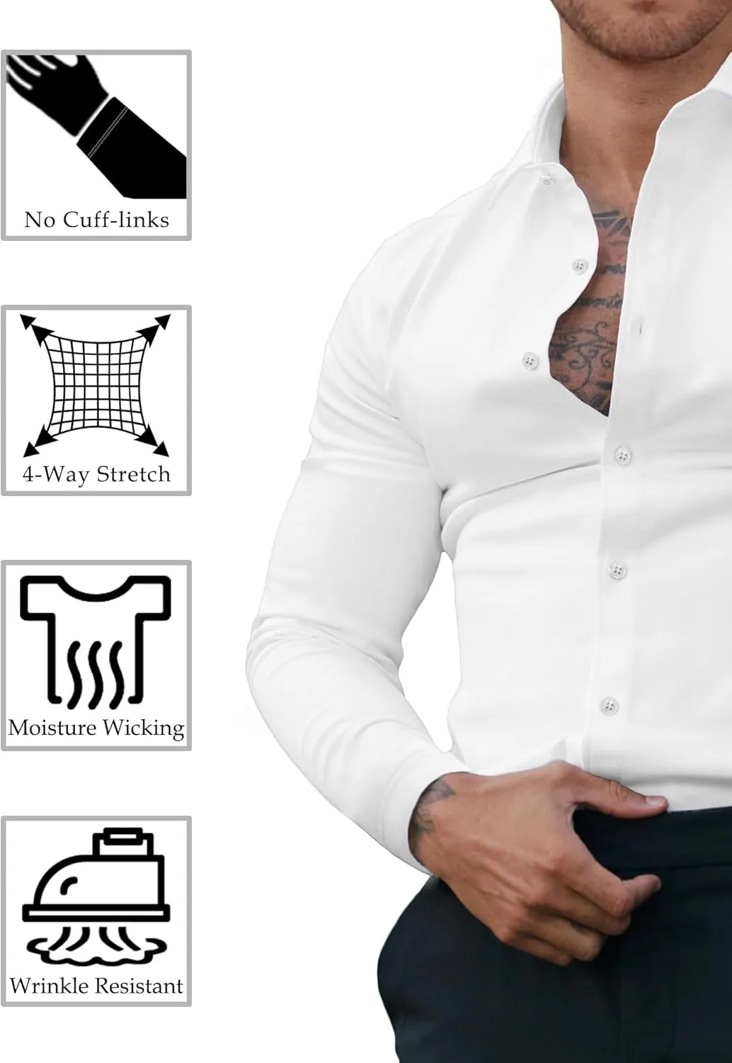 Men's Dress Shirt Slim Fit Button Down Shirt Long Sleeve No Cuff-Links Four Way Stretch Muscle Shirts for Men