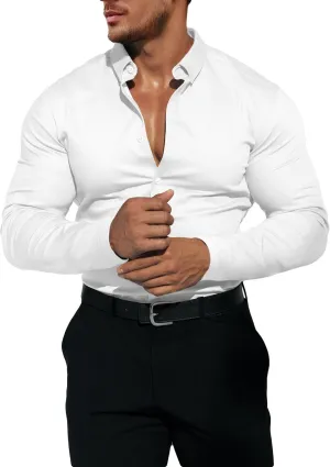 Men's Dress Shirt Slim Fit Button Down Shirt Long Sleeve No Cuff-Links Four Way Stretch Muscle Shirts for Men
