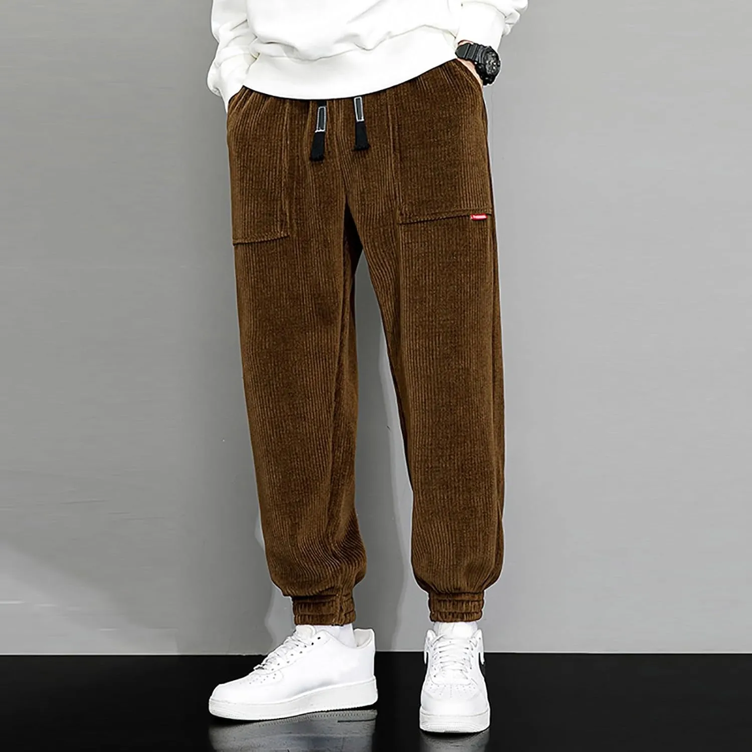 Men's Fall Corduroy Joggers Cargo Pants Drawstring Elastic Waist Baggy Tapered Causal Cuffed Trousers with Pockets