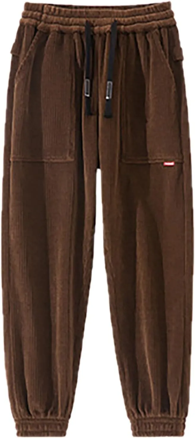 Men's Fall Corduroy Joggers Cargo Pants Drawstring Elastic Waist Baggy Tapered Causal Cuffed Trousers with Pockets