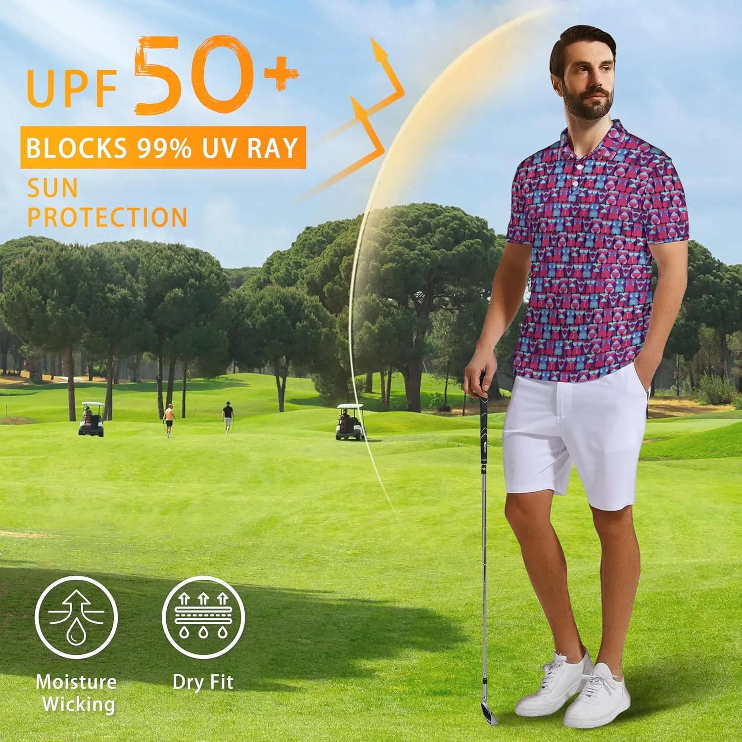 Mens Golf Polo Shirts - Hawaiian Print Golf Shirt for Men Quick-Dry Moisture Wicking Casual Breathable Polo Shirt
