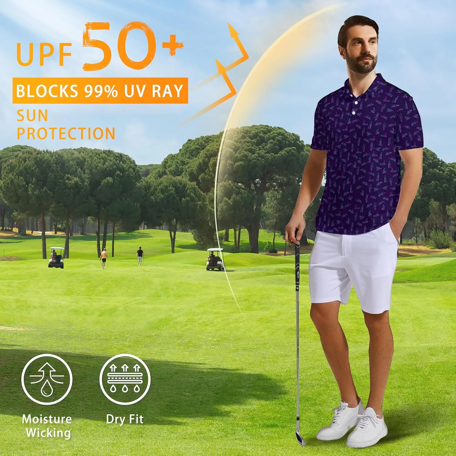 Mens Golf Polo Shirts - Hawaiian Print Golf Shirt for Men Quick-Dry Moisture Wicking Casual Breathable Polo Shirt