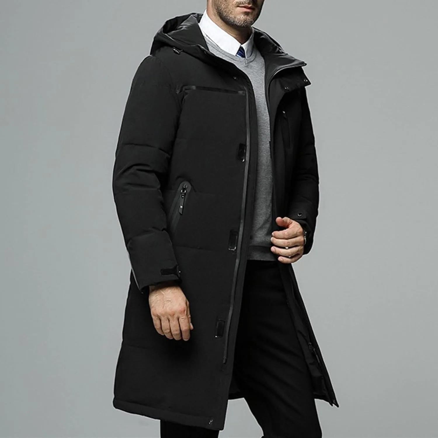 Men's Hoodie Long Down Jacket Windproof Insulated Warm Male Puffer Jackets Winter Thicken Solid Puffy Coat