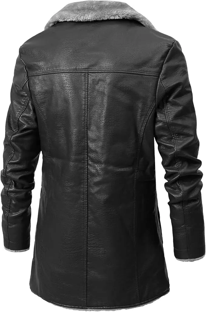 Mens Leather Jacket 3/4 Length Faux Leather Fur Coat Warm Winter Long PU Leather Jacket Lined Duster Trench Coat
