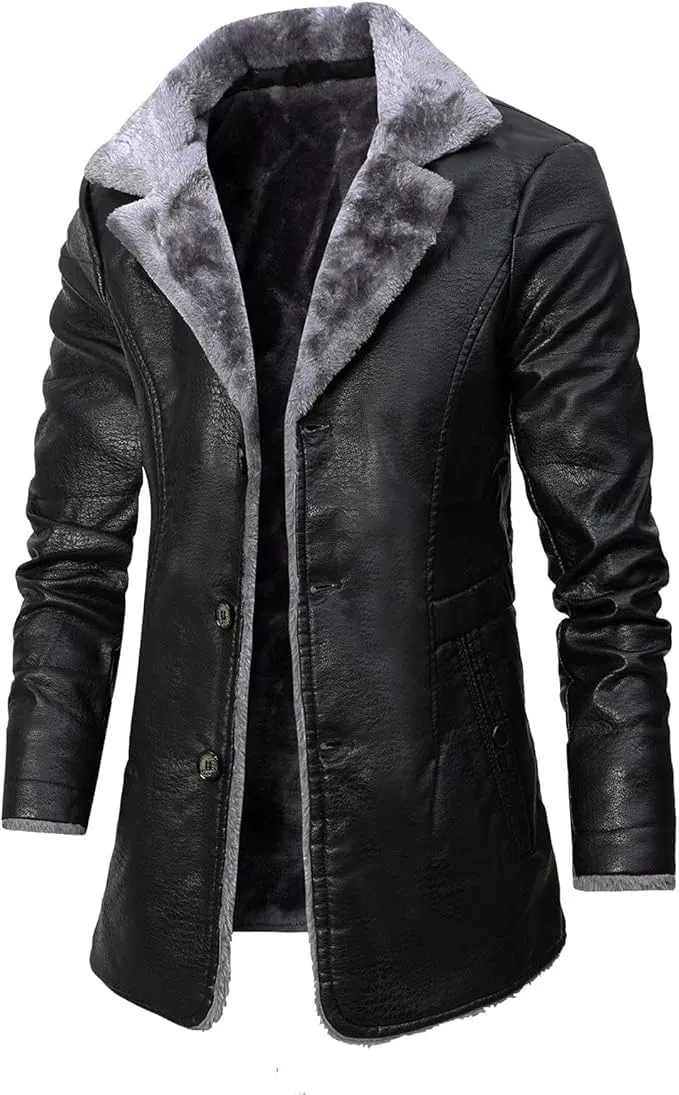 Mens Leather Jacket 3/4 Length Faux Leather Fur Coat Warm Winter Long PU Leather Jacket Lined Duster Trench Coat