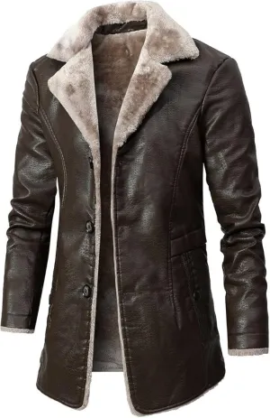 Mens Leather Jacket 3/4 Length Faux Leather Fur Coat Warm Winter Long PU Leather Jacket Lined Duster Trench Coat