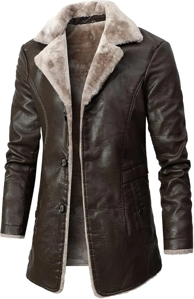 Mens Leather Jacket 3/4 Length Faux Leather Fur Coat Warm Winter Long PU Leather Jacket Lined Duster Trench Coat