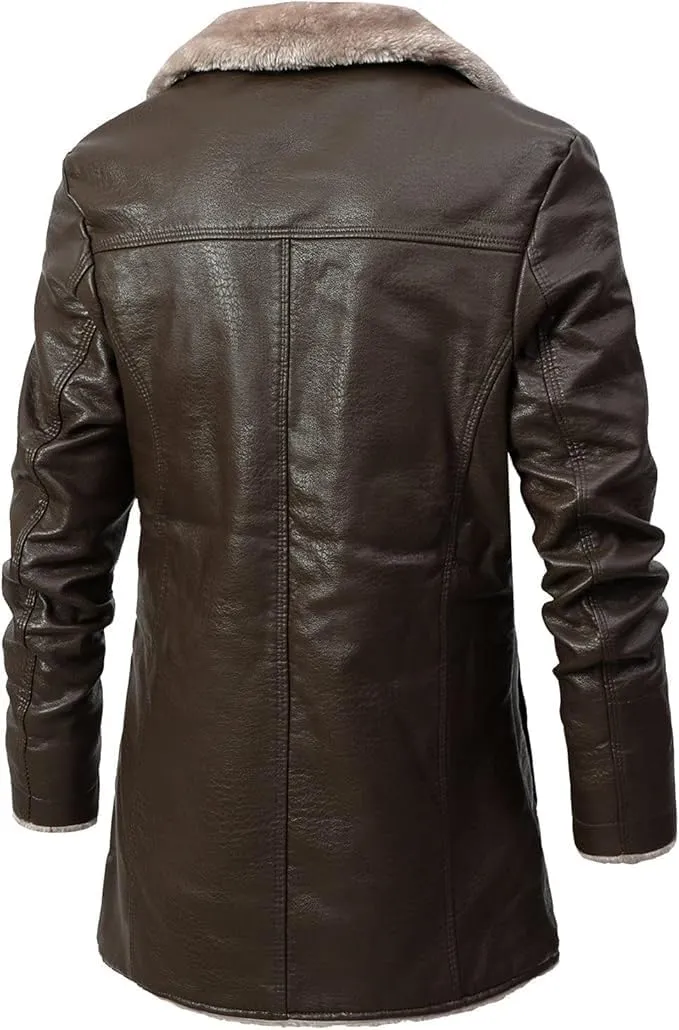 Mens Leather Jacket 3/4 Length Faux Leather Fur Coat Warm Winter Long PU Leather Jacket Lined Duster Trench Coat