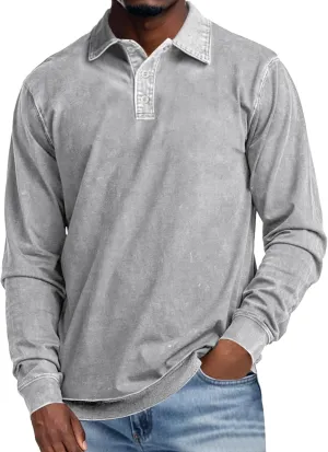 Men's Long Sleeve Polo Shirts Distressed Washed Cotton T-Shirt Lightweight Casual Button Collared Shirt Top