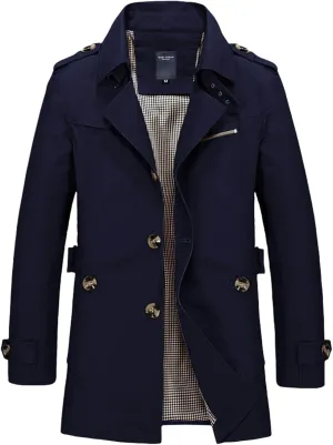 Men's Mid Length Notched Lapel Trench Coat Lightweight Slim Fit Windbreaker Cotton Jackets with Button Pockets