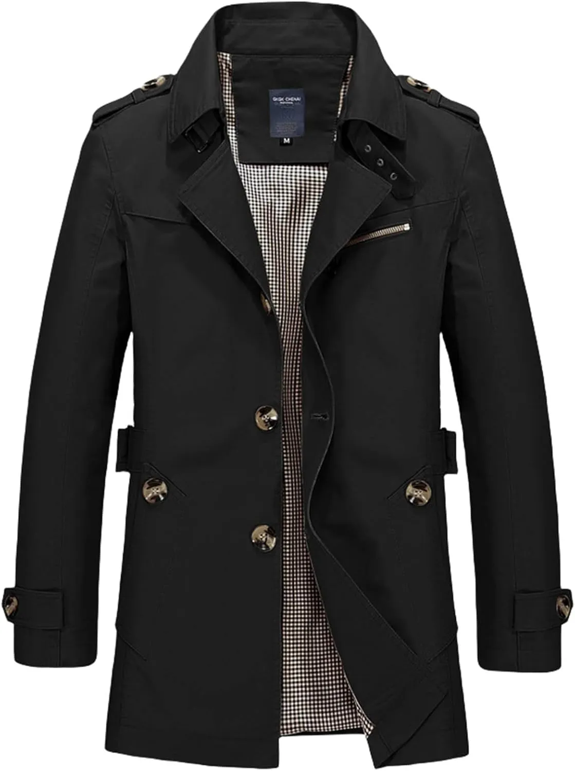 Men's Mid Length Notched Lapel Trench Coat Lightweight Slim Fit Windbreaker Cotton Jackets with Button Pockets