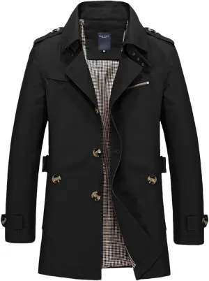 Men's Mid Length Notched Lapel Trench Coat Lightweight Slim Fit Windbreaker Cotton Jackets with Button Pockets