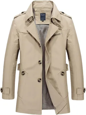 Men's Mid Length Notched Lapel Trench Coat Lightweight Slim Fit Windbreaker Cotton Jackets with Button Pockets