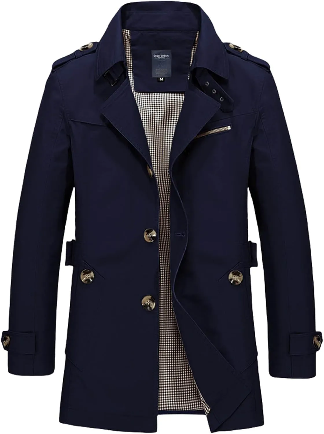 Men's Mid Length Notched Lapel Trench Coat Lightweight Slim Fit Windbreaker Cotton Jackets with Button Pockets