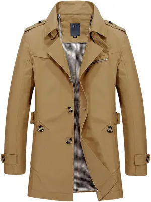 Men's Mid Length Notched Lapel Trench Coat Lightweight Slim Fit Windbreaker Cotton Jackets with Button Pockets