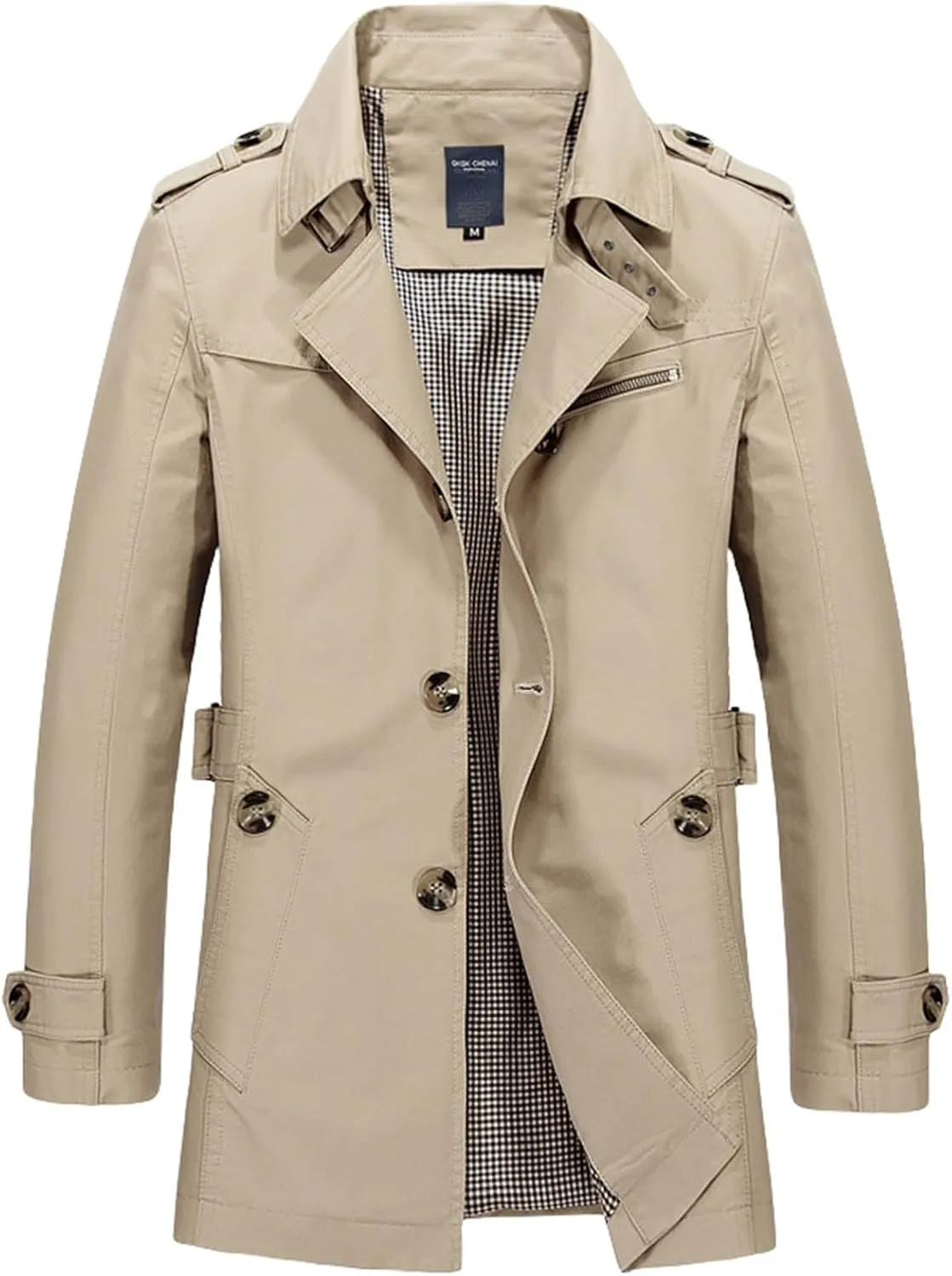 Men's Mid Length Notched Lapel Trench Coat Lightweight Slim Fit Windbreaker Cotton Jackets with Button Pockets