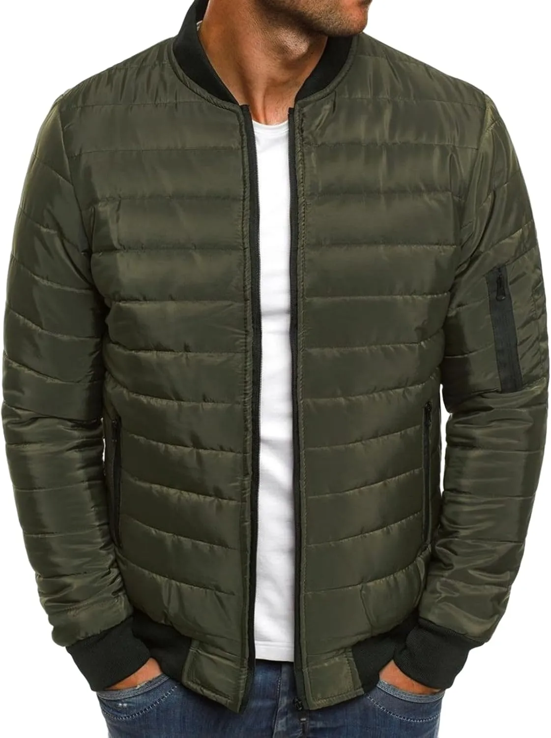 Men's Plaid Cotton-Padded Jacket Solid Color Loose Jacket Arm Zipper Coat Warm Autumn Winter