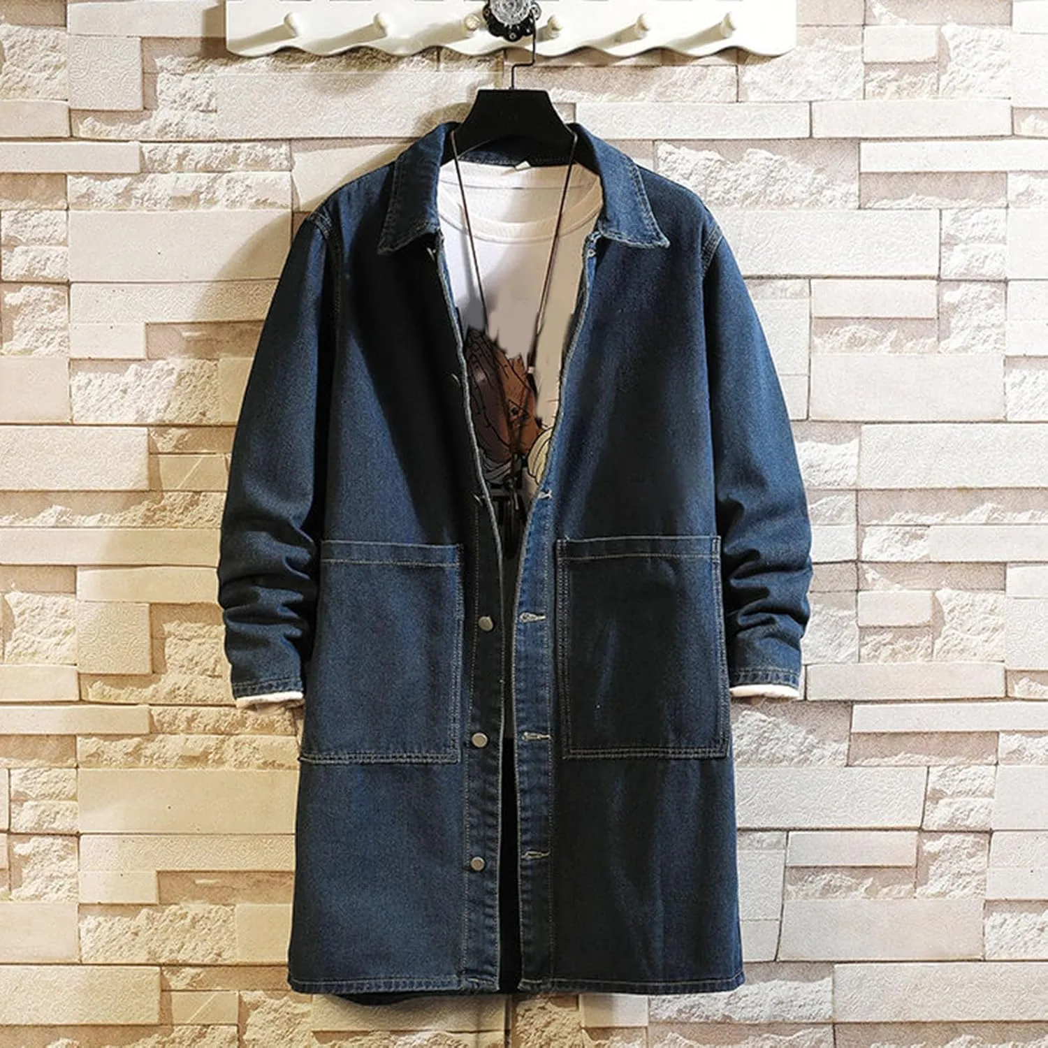 Mens Ripped Jeans Jacket Casual Denim Trench Coat Long Coat Jacket for Men Denim