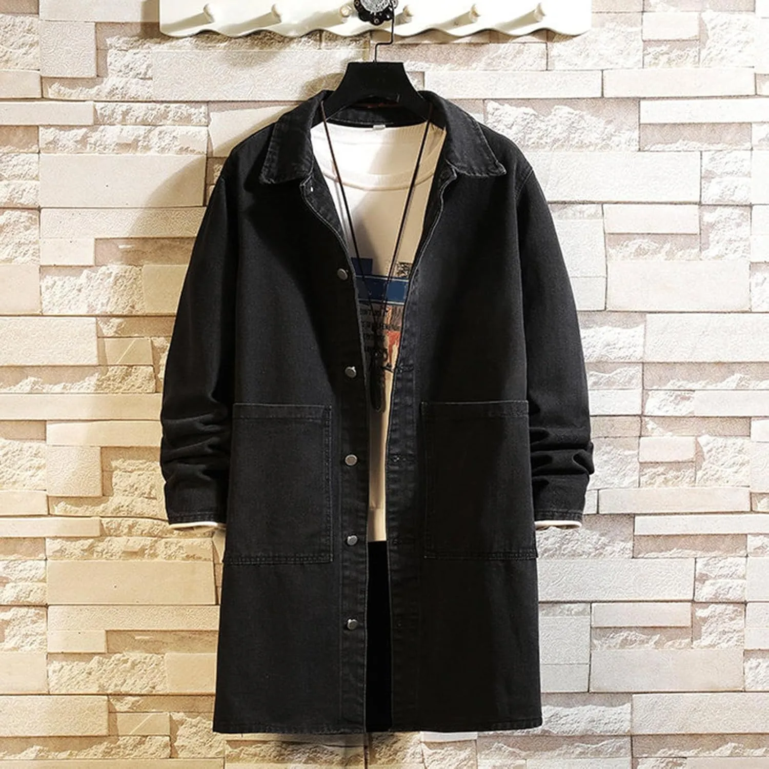 Mens Ripped Jeans Jacket Casual Denim Trench Coat Long Coat Jacket for Men Denim