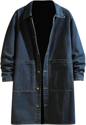 Mens Ripped Jeans Jacket Casual Denim Trench Coat Long Coat Jacket for Men Denim