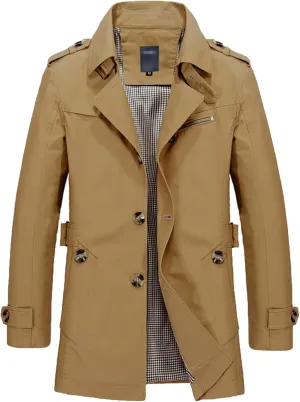 Men's Slim Notched Collar Single Breasted Cotton Jacket Office Trench Coat Classic Pea Coats Mid Long Lapel Jackets