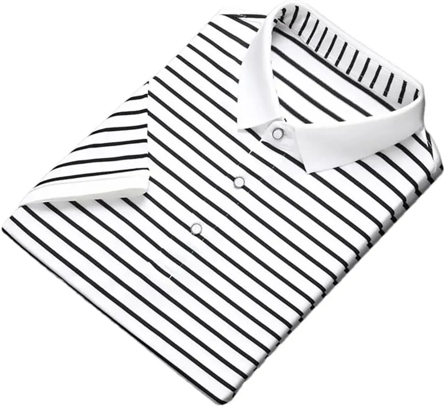 Men's Striped Cotton T-Shirt Business Casual Polo Shirt Short Sleeved Breathable Quick-Dry Tee Tops