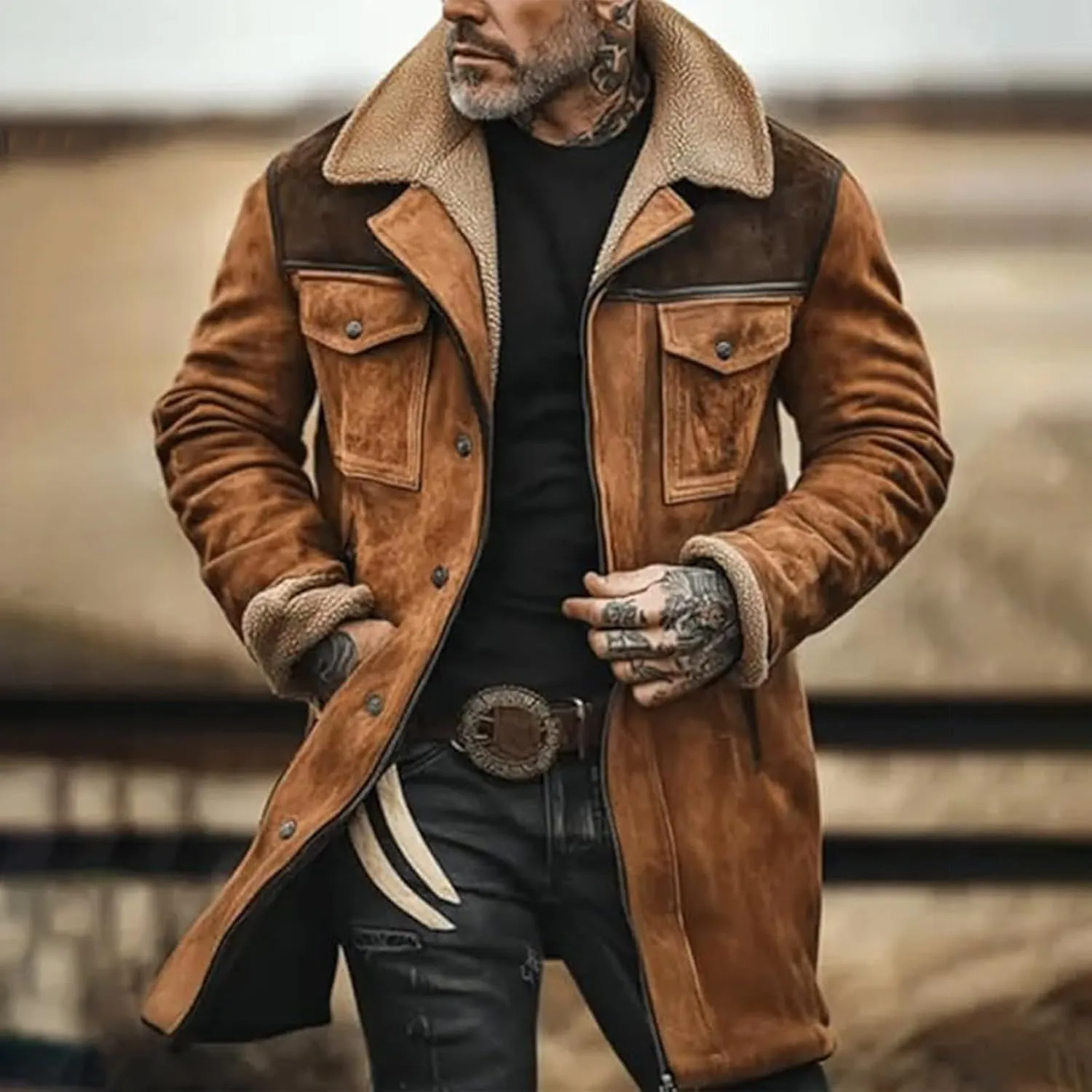 Men's Thicken Suede Jacket Handsome Retro Suede Jackets Casual Warm Multi Pocket Zip Long Sleeve Padded Coat Tops