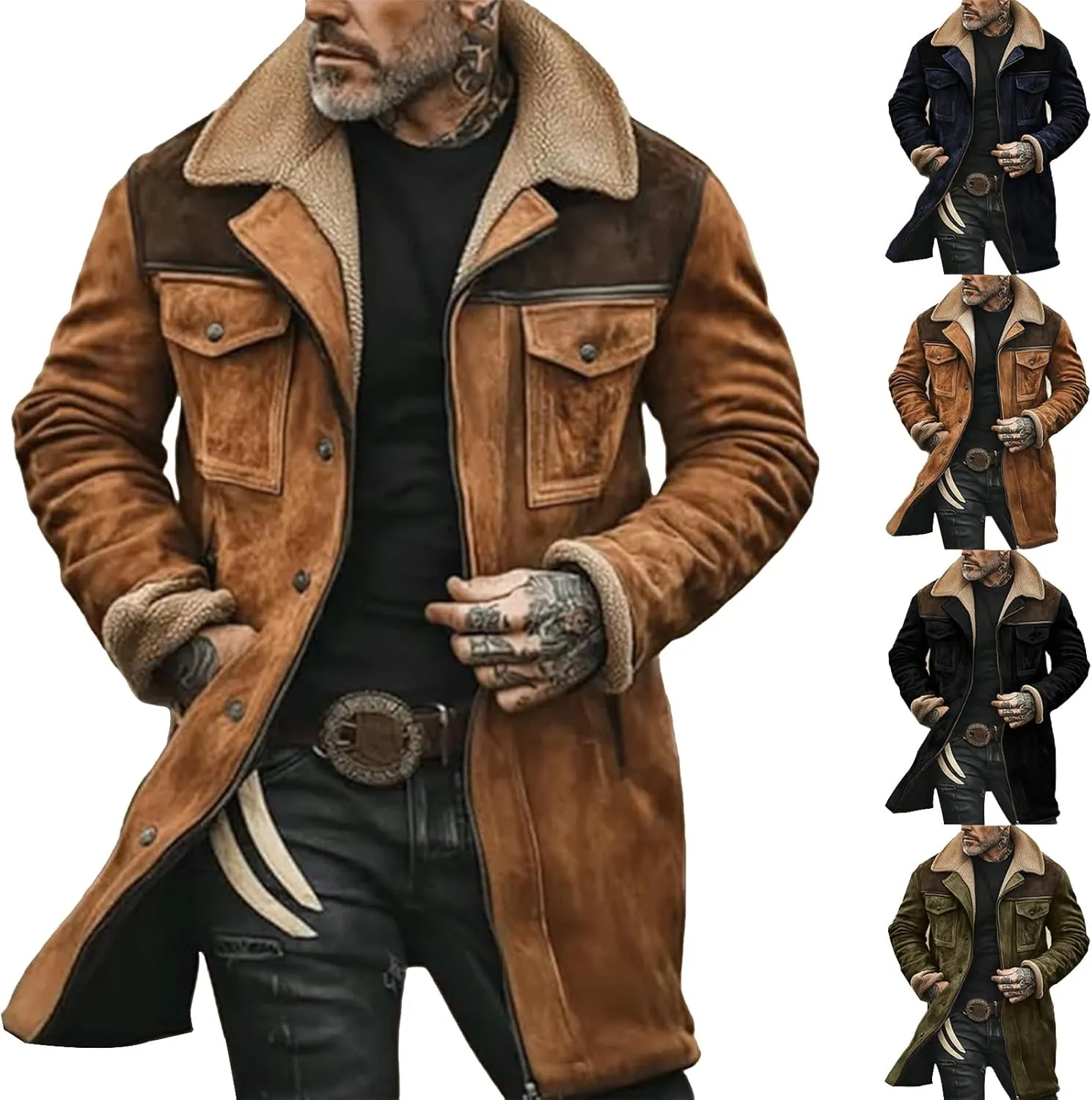 Men's Thicken Suede Jacket Handsome Retro Suede Jackets Casual Warm Multi Pocket Zip Long Sleeve Padded Coat Tops