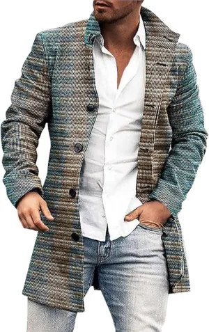 Men's Tweed Trench Coat Notched Collar Single Breasted Overcoat Vintage Big And Tall Warm Winter Plaid Midi Jackets