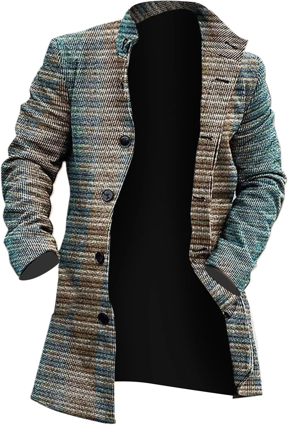 Men's Tweed Trench Coat Notched Collar Single Breasted Overcoat Vintage Big And Tall Warm Winter Plaid Midi Jackets