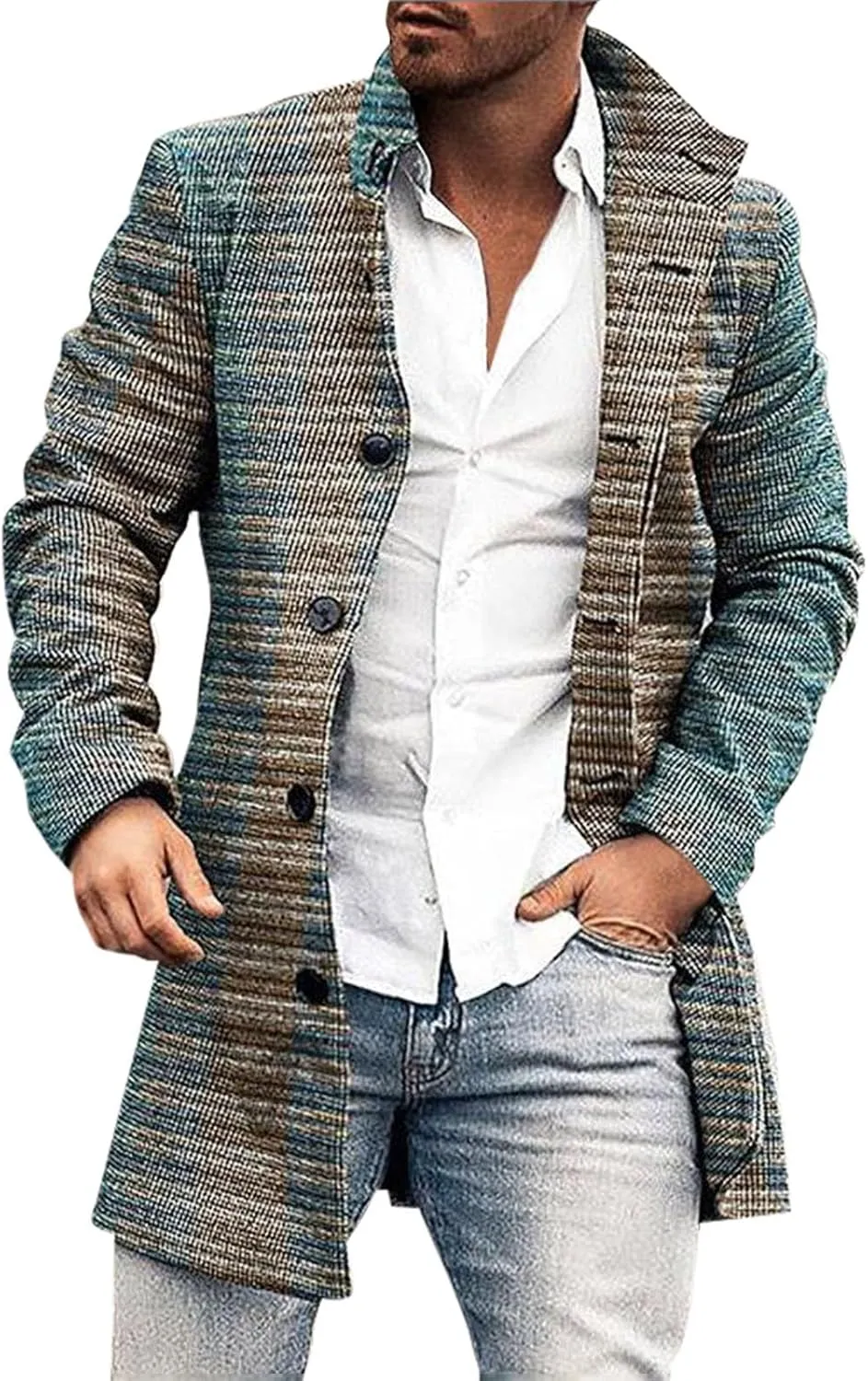 Men's Tweed Trench Coat Notched Collar Single Breasted Overcoat Vintage Big And Tall Warm Winter Plaid Midi Jackets