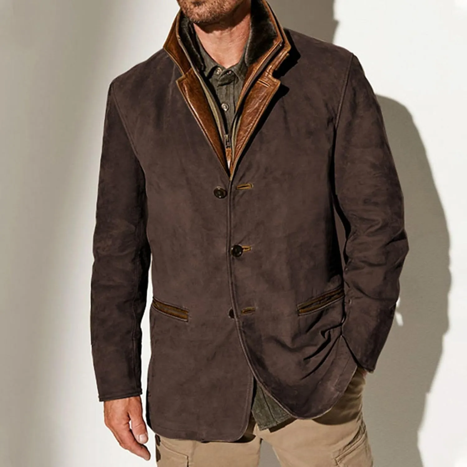 Mens Vintage Faux Leather Trucker Jacket with Suede Lapel Collar, Button-Down, Thickened Buckskin Coat
