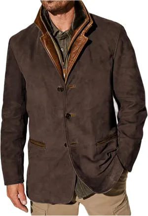 Mens Vintage Faux Leather Trucker Jacket with Suede Lapel Collar, Button-Down, Thickened Buckskin Coat