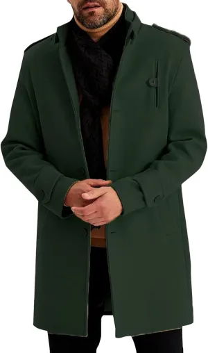 Men's Warm Single Breasted Peacoat Wool Blend Slim Fit Trench Overcoat with Pockets