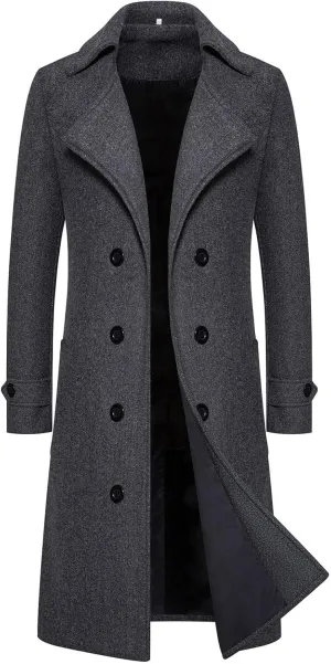 Men's Winter Classic Long Jacket Warm Trench Single Breasted Overcoat with Pockets