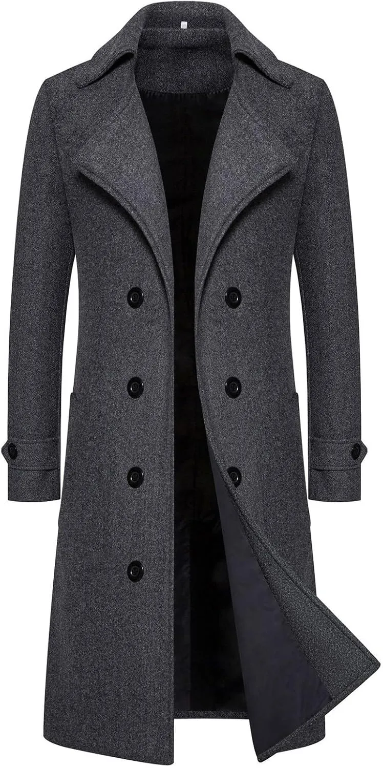 Men's Winter Classic Long Jacket Warm Trench Single Breasted Overcoat with Pockets