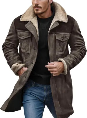 Mens Winter Coats Vintage Suede Patchwork Lamb Fleece Long Jacket Trucker Warm Casual Coat Overesized Thick Trench Coat