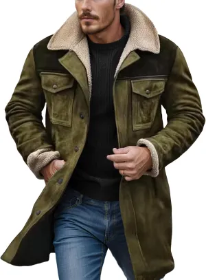 Mens Winter Coats Vintage Suede Patchwork Lamb Fleece Long Jacket Trucker Warm Casual Coat Overesized Thick Trench Coat