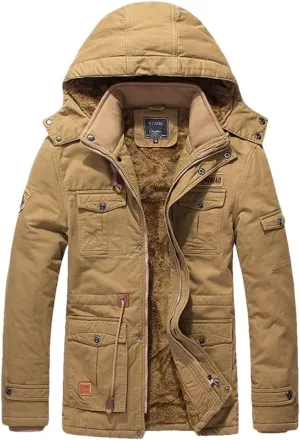 Men's Winter Fleece Lined Warm Mid-Long Cotton Thick Padded Coats Tactical Thermal Windbreaker Jacket
