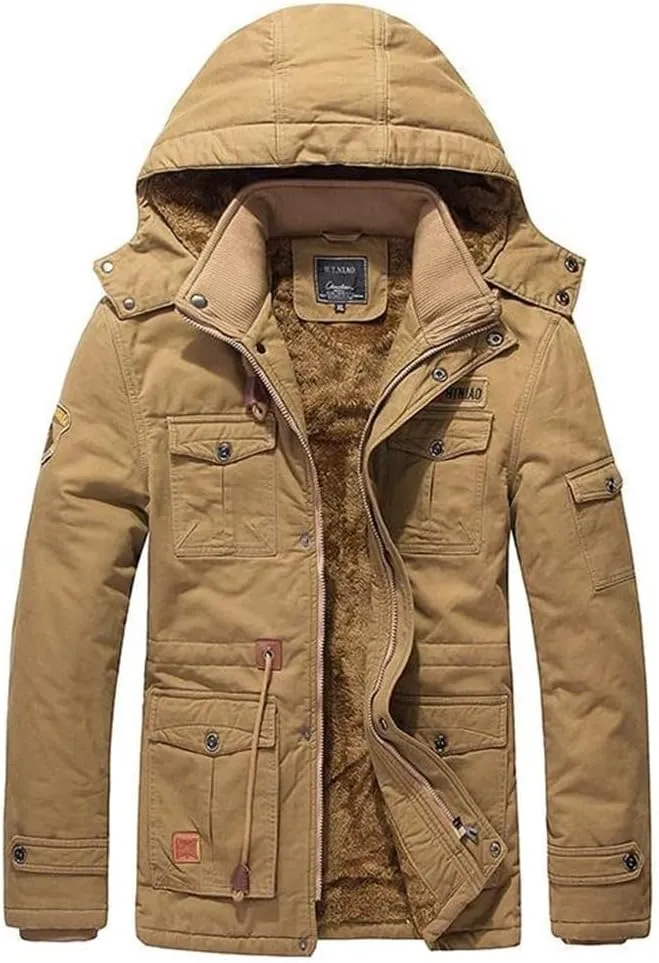 Men's Winter Fleece Lined Warm Mid-Long Cotton Thick Padded Coats Tactical Thermal Windbreaker Jacket