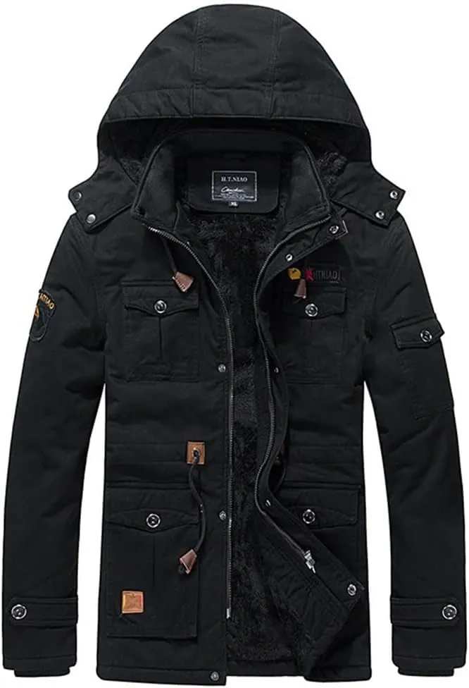 Men's Winter Fleece Lined Warm Mid-Long Cotton Thick Padded Coats Tactical Thermal Windbreaker Jacket