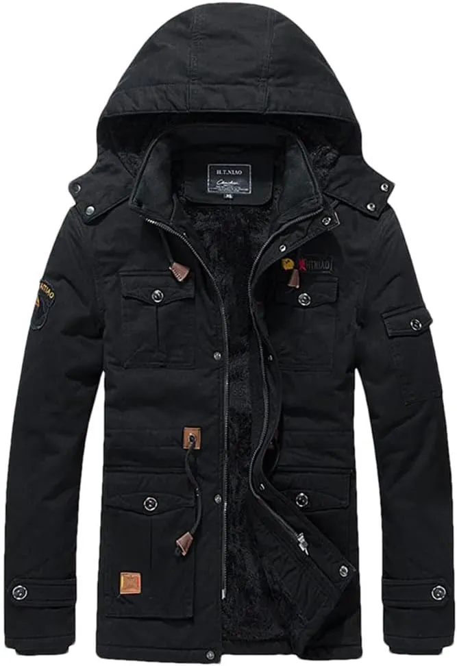 Men's Winter Fleece Lined Warm Mid-Long Cotton Thick Padded Coats Tactical Thermal Windbreaker Jacket